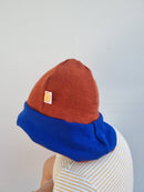 Sonnenhut Sommermütze Baby KU 39-41 mit Nackenschutz aus 100 % Upcycling Wolle in Rostbraun und Blau