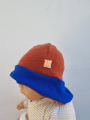 Sonnenhut Sommermütze Baby KU 39-41 mit Nackenschutz aus 100 % Upcycling Wolle in Rostbraun und Blau