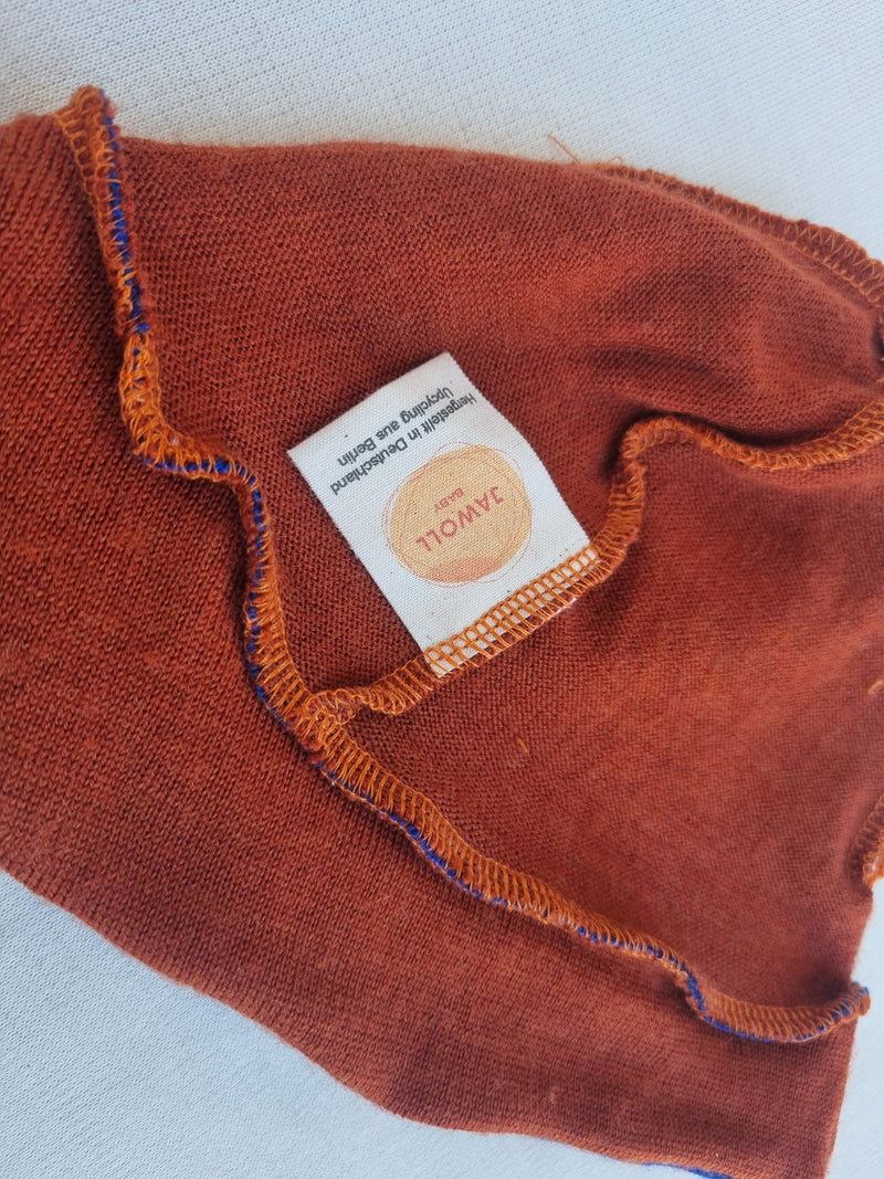 Sonnenhut Sommermütze Baby KU 39-41 mit Nackenschutz aus 100 % Upcycling Wolle in Rostbraun und Blau