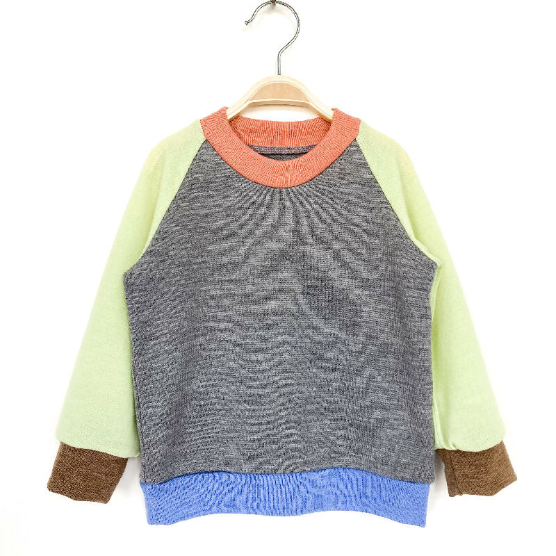 kronjuwel Wollpullover Größe 92 grau hellgrün bunt Upcyling Colorblockpullover