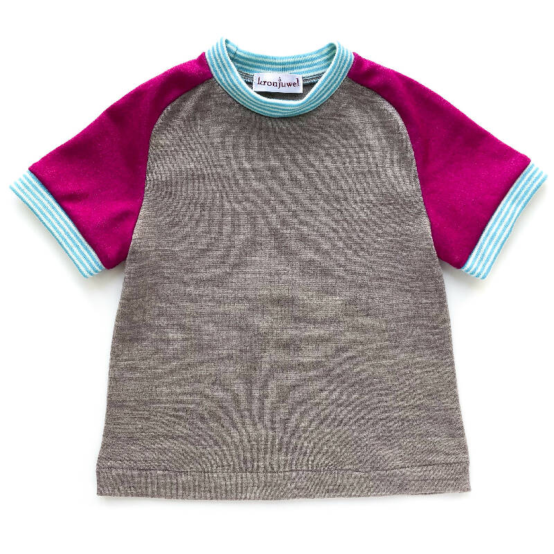 kronjuwel T-Shirt, Kaschmir Merinowolle, Größe 92/98, braun pink türkis, kurzärmlig, Upcycling