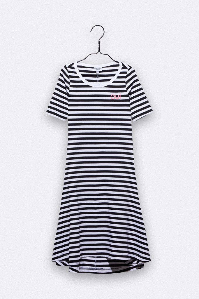 Bea dress in black/white striped with OUI embroidery for children