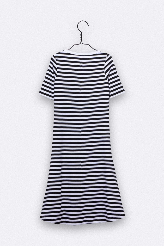 Bea dress in black/white striped with OUI embroidery for children