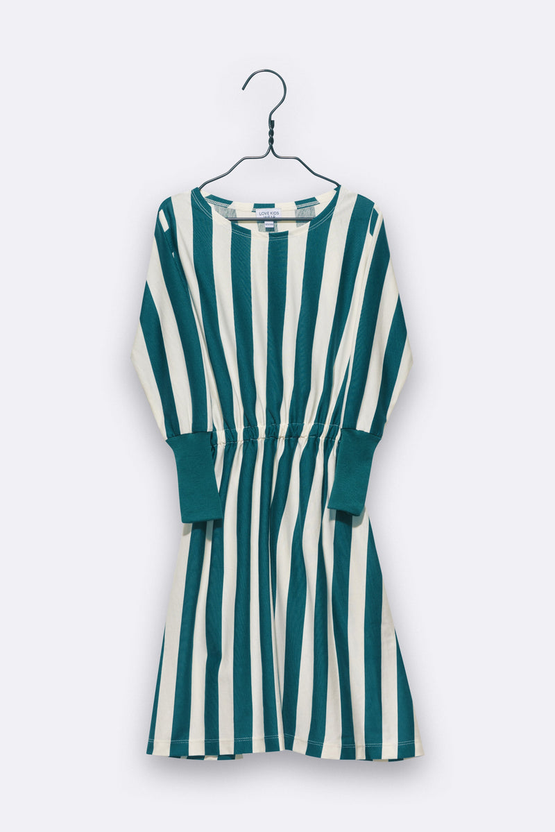 Emily dress in dark green / cream white striped for children