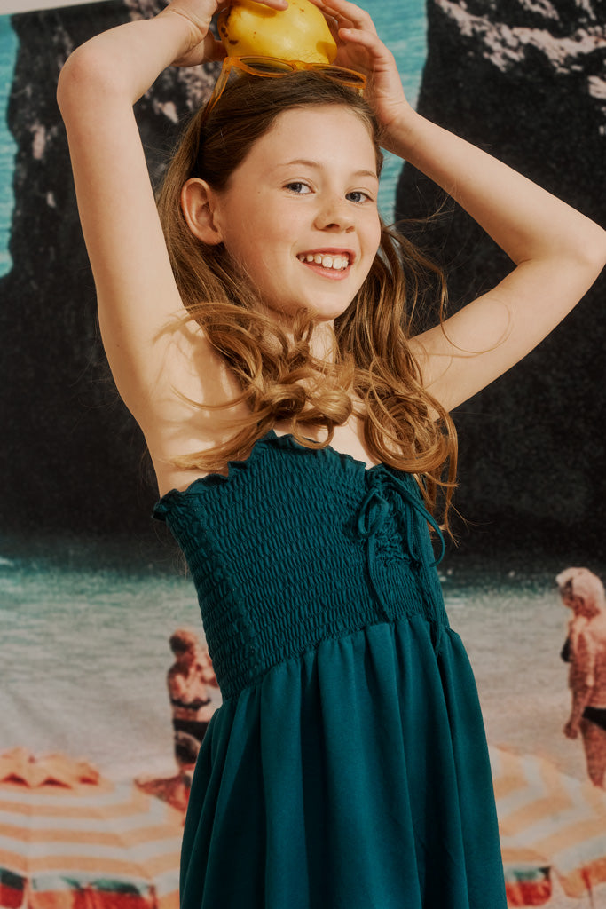 Juliet dress in petrol-colored jersey for children