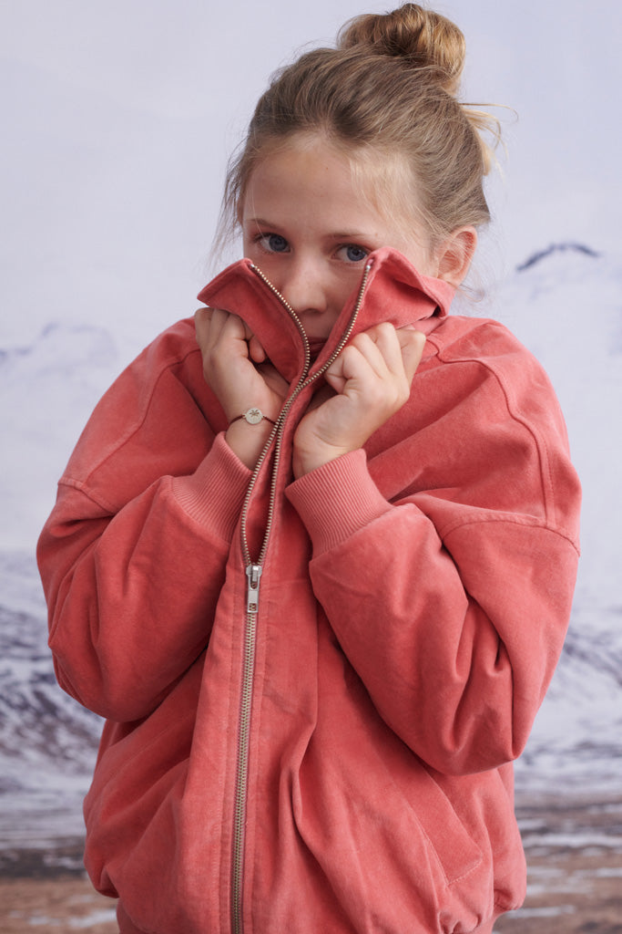 Louisa jacket in washed pink with olive colored teddy bear lining for children