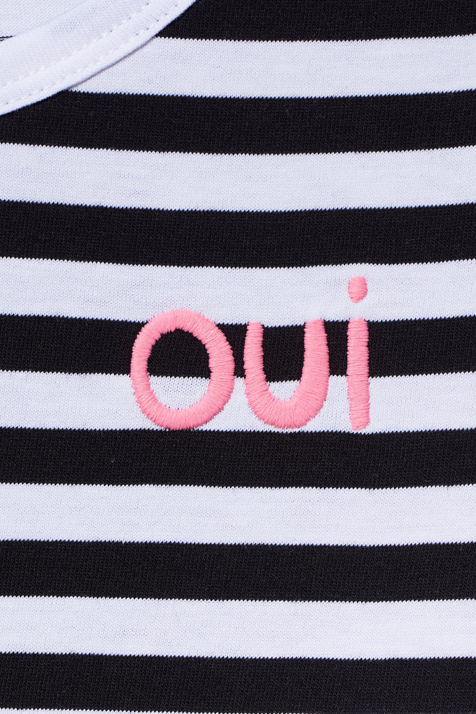 Bea dress in black/white striped with OUI embroidery for children