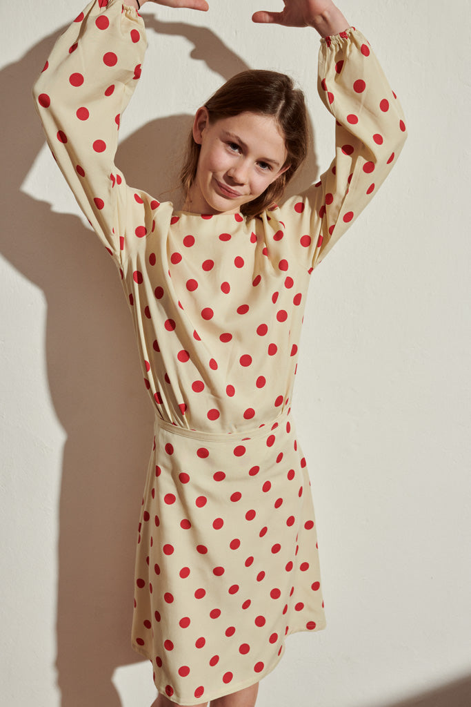 Livia skirt in beige Tencel with red polka dots for children