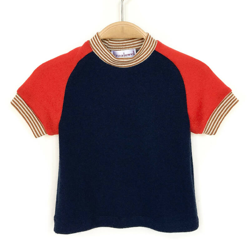 kronjuwel T-Shirt Kaschmir/Merinowolle Größe 86 dunkelblau rot kurzärmlig Upcycling