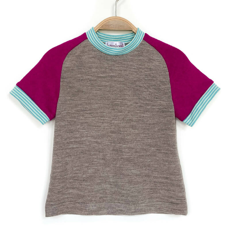 kronjuwel T-Shirt, Kaschmir Merinowolle, Größe 92/98, braun pink türkis, kurzärmlig, Upcycling