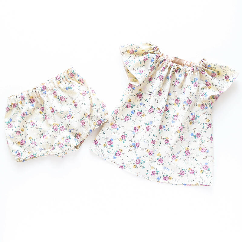 kronjuwel Sommerset Bluse und Bloomers 92/98 hellgelb mit Rosen Upcycling