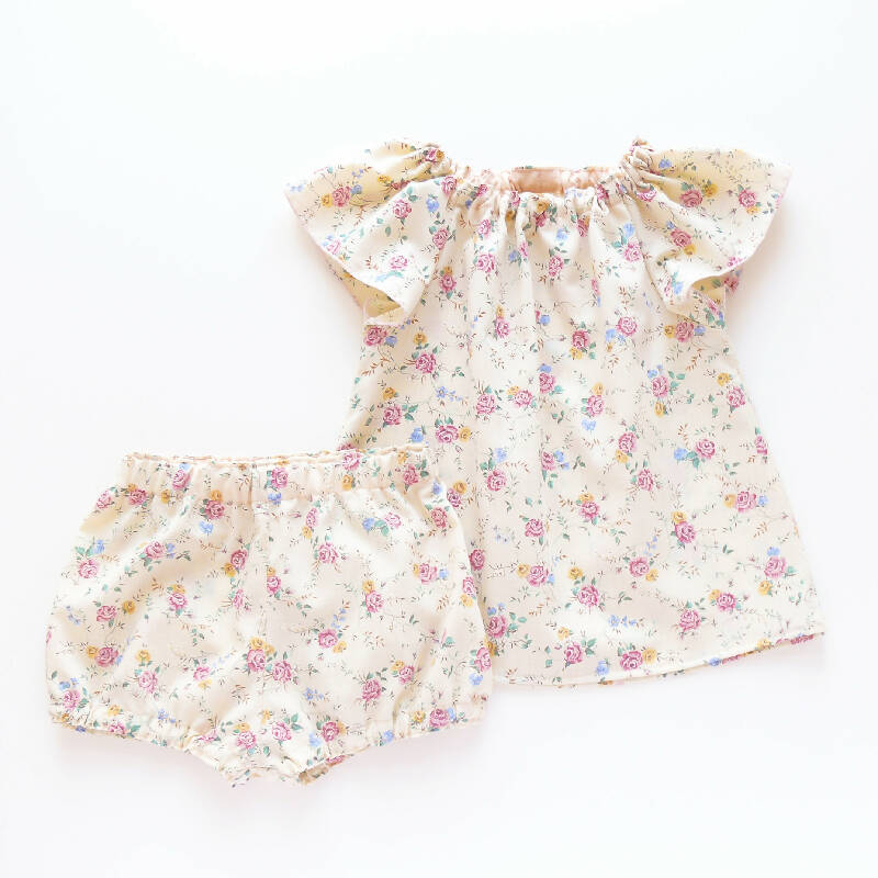 kronjuwel Sommerset Bluse und Bloomers 92/98 hellgelb mit Rosen Upcycling